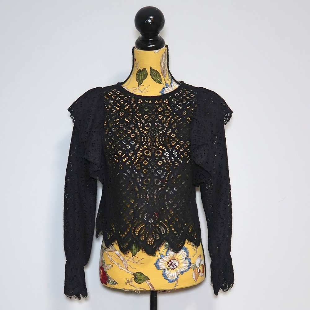 Zara Black Lace Ruffle Top Puff Sleeve Small